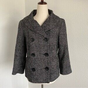 JONES NY Tweed Black White Wool Blend Double Breasted Lined Crop Blazer Jacket S